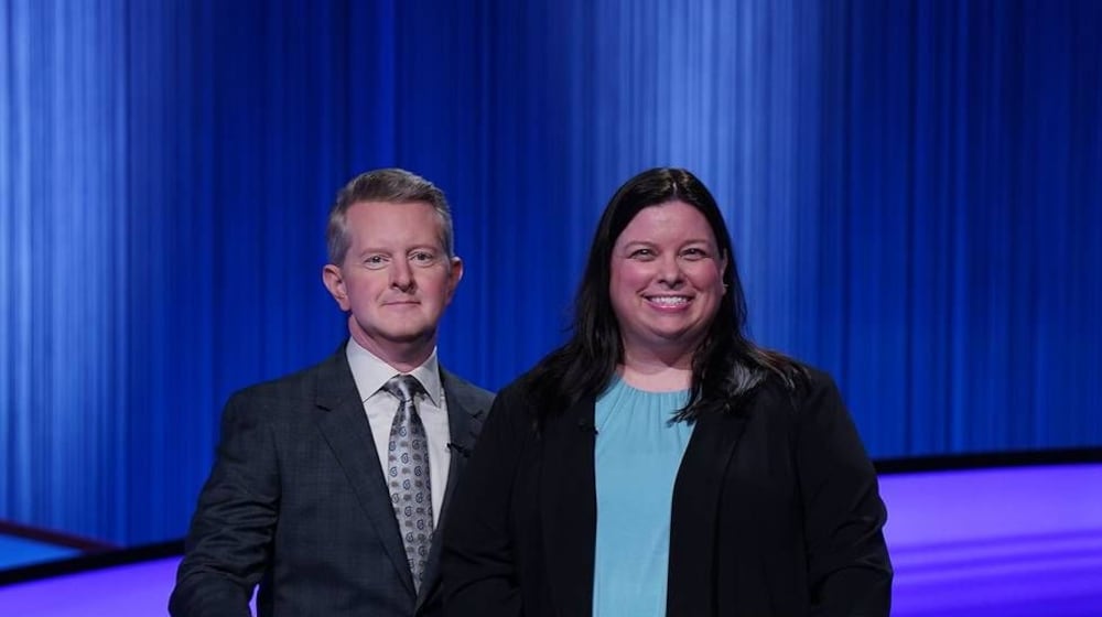Libby Jones with "Jeopardy!" host Ken Jennings. Photo by Tyler Golden/Sony Pictures Television