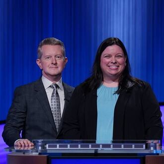 Libby Jones with "Jeopardy!" host Ken Jennings. Photo by Tyler Golden/Sony Pictures Television