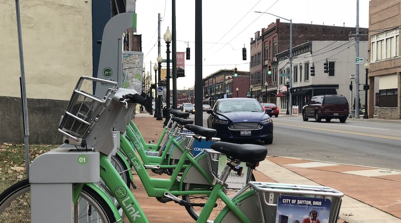 The Link bike-share station in the Wright Dunbar business district. CORNELIUS FROLIK / STAFF