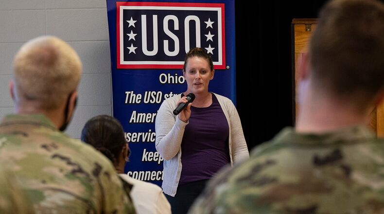 Senior Master Sgt. Jennifer Henderson, 88th Medical Group senior enlisted leader, talks about her experiences as a woman in the Air Force during the Women’s Equality Day breakfast at Wright-Patterson Air Force Base’s USO Center. Women’s Equality Day is celebrated Aug. 26 to commemorate ratification of the 19th Amendment, which granted women the right to vote. U.S. AIR FORCE PHOTO/JAIMA FOGG