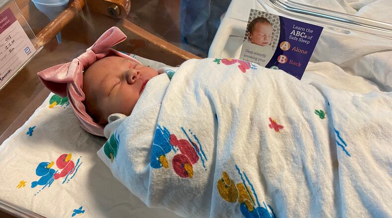 Savannah Ann Curtiss was born at Kettering Medical Center at 12:12 a.m. on Friday, Jan 1, making her the first baby born in the Dayton area this year. She weighs 7 pounds, 8 ounces.