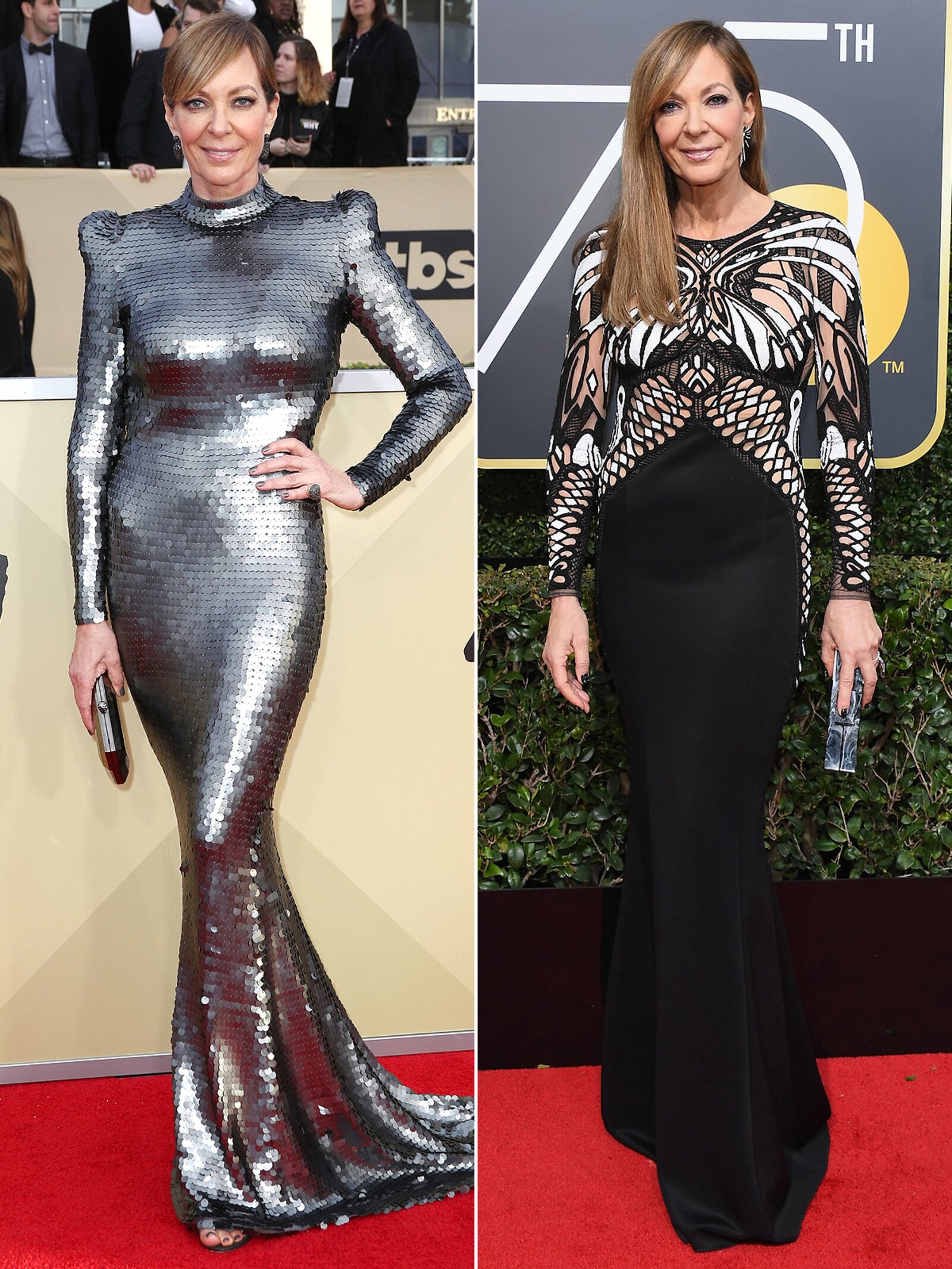 I, Tonya star and winner for Outstanding Performance by a Female Actor in a Supporting Role Allison Janney hit the red carpet in a mock turtleneck gown covered in silver pailettes by Yanina Couture—which “resembles a suit of armor,” says her stylist Tara Swennen. Janney originally planned to wear this to the Globes, but switched to a mostly black look to support the Time’s Up movement, her stylist says. Janney is just thrilled she got to wear it at all: “It’s a power dress,” the star told PEOPLE. “It feels pretty great. I love it.”