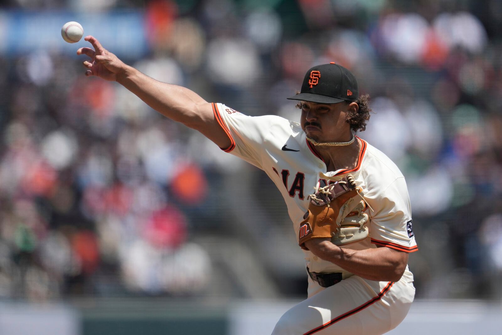 FILE - San Francisco Giants pitcher Jordan Hicks throws against the Colorado Rockies during the first inning of a baseball game in San Francisco, May 3, 2025. (AP Photo/Jeff Chiu, File)