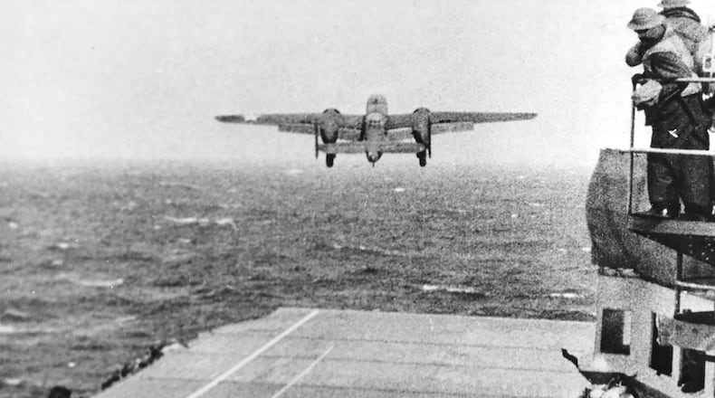 The aircraft carrier Hornet had 16 AAF B-25s on deck, ready for the Tokyo Raid. (U.S. Air Force photo)