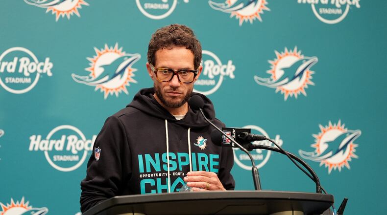 Miami Dolphins head coach Mike McDaniel speaks during a news conference after an NFL football game against the Tampa Bay Buccaneers, Sunday, Dec. 28, 2025, in Miami Gardens, Fla. (AP Photo/Rebecca Blackwell)