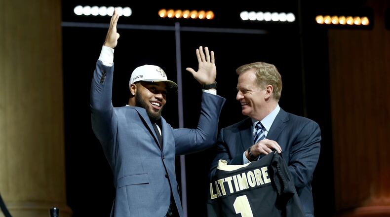 PHILADELPHIA, PA - APRIL 27:  Marshon Lattimore of Ohio State reacts with Commissioner of the National Football League Roger Goodell after being picked #11 overall by the New Orleans Saints during the first round of the 2017 NFL Draft at the Philadelphia Museum of Art on April 27, 2017 in Philadelphia, Pennsylvania.  (Photo by Elsa/Getty Images)