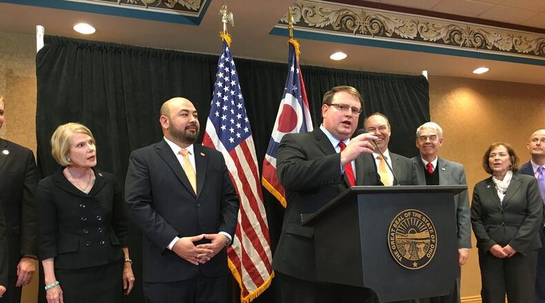 Ohio House Speaker Cliff Rosenberger and Senate President Larry Obhof respond to the governor’s 2017 State of the State address in Sandusky
