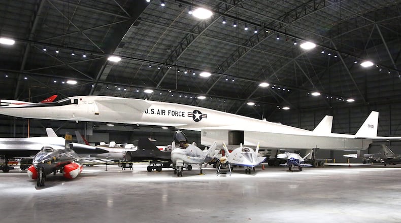 The 183-foot-long North American XB-70 Valkyrie towers over other X-planes in the fourth building of the National Museum of the U.S. Air Force. Aircraft from the Presidential, Research and Development, Space and Global Reach Galleries are inside the hangar. TY GREENLEES / STAFF