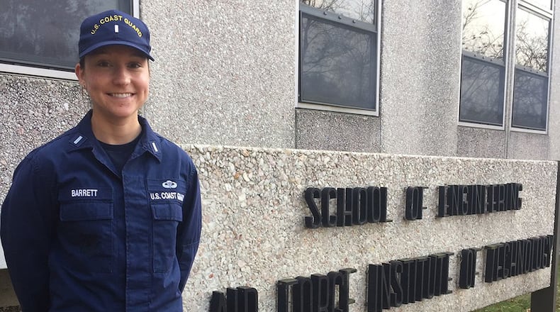 Lt. Junior Grade Melissa Barrett of the U.S. Coast Guard is studying systems engineering at the Air Force Institute of Technology’s Graduate School of Engineering and Management, Wright-Patterson Air Force Base. She hopes to gain knowledge on how to help inspect marine vessels for cybersecurity vulnerabilities. (Skywrighter photo/Amy Rollins)