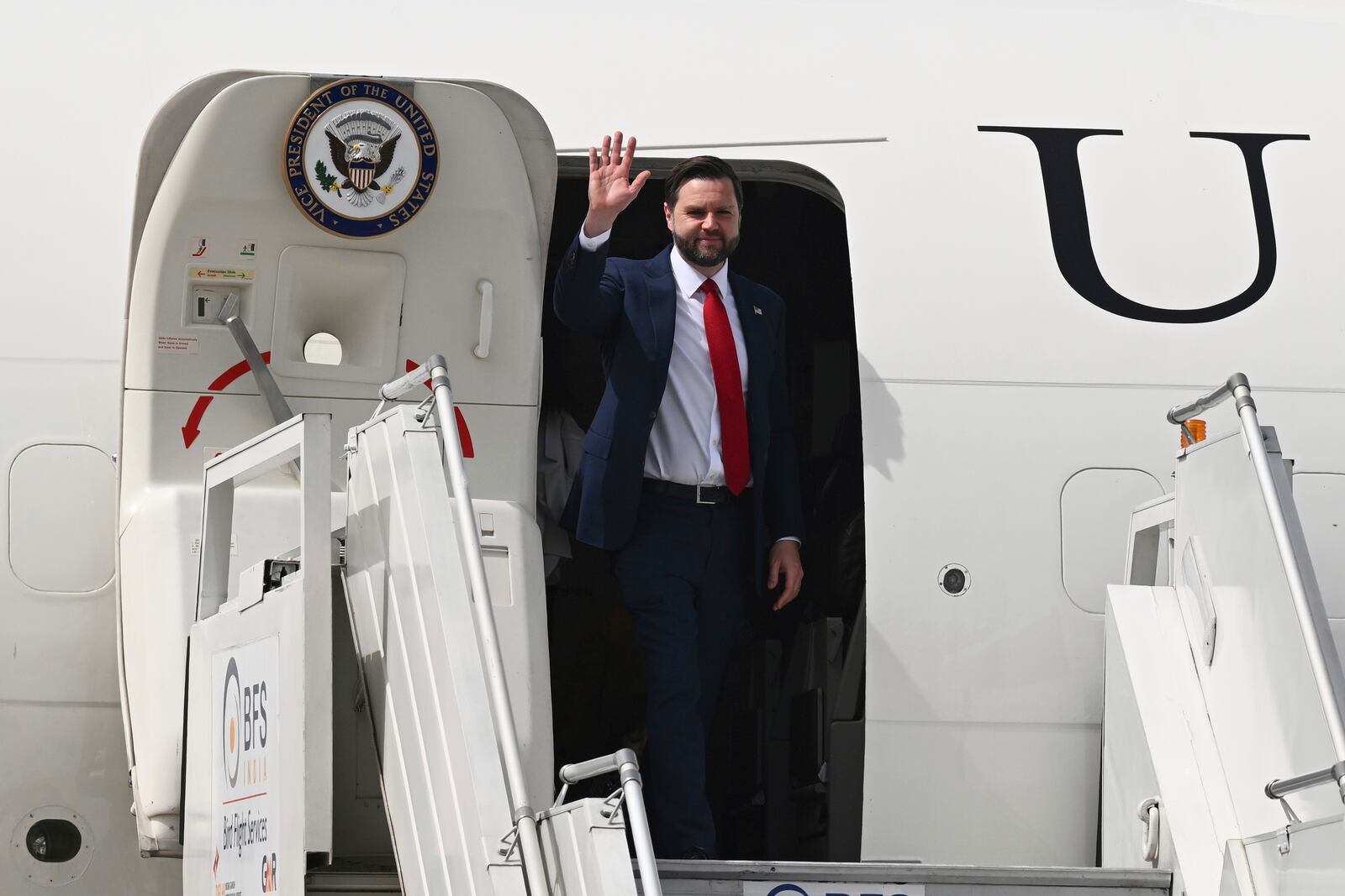 U.S. Vice President JD Vance arrives in New Delhi, India Monday, April 21, 2025. (Kenny Holston/The New York Times via AP, Pool)
