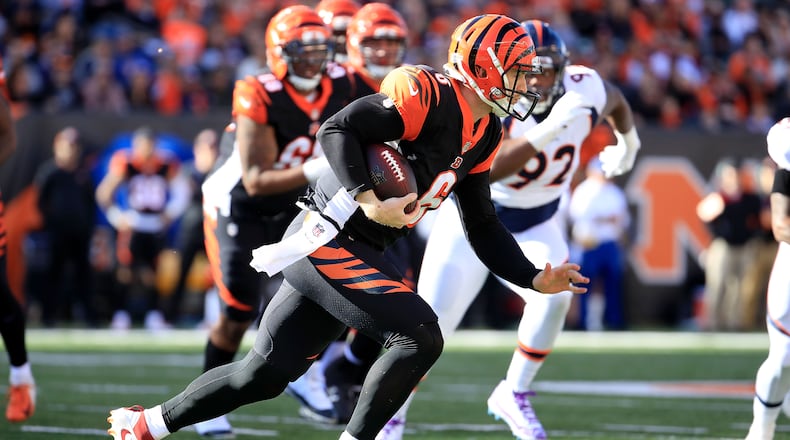 CINCINNATI, OH - DECEMBER 2: Jeff Driskel #6 of the Cincinnati Bengals runs with the ball during the first quarter of the game against the Denver Broncos at Paul Brown Stadium on December 2, 2018 in Cincinnati, Ohio. (Photo by Andy Lyons/Getty Images)