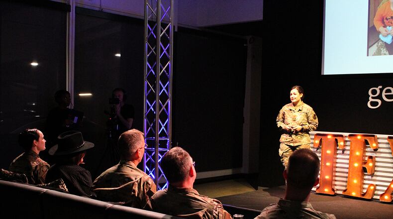Maj. Jacque Vasta presents her idea for a child care app to senior leaders during the 2020 Air Force Installation and Mission Support Center Innovation Rodeo, Feb. 7 in San Antonio. The app, called Kinderspot, would centralize and streamline the subletting of short-term slots at military child development centers. AFIMSC has kicked off its third annual Innovation Rodeo with a call-for-topics campaign. (U.S. Air Force photo/Debbie Aragon)