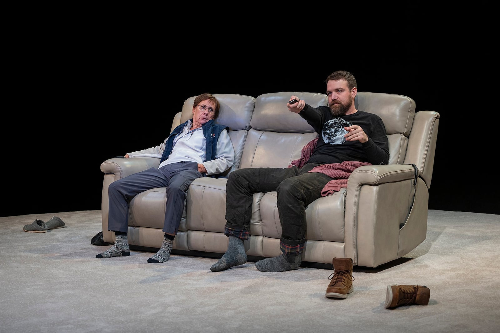 Laurie Metcalf (Sarah) and Micah Stock (Ethan) in the 2024 Steppenwolf Theatre Company production of "Little Bear Ridge Road." PHOTO BY MICHAEL BROSILOW