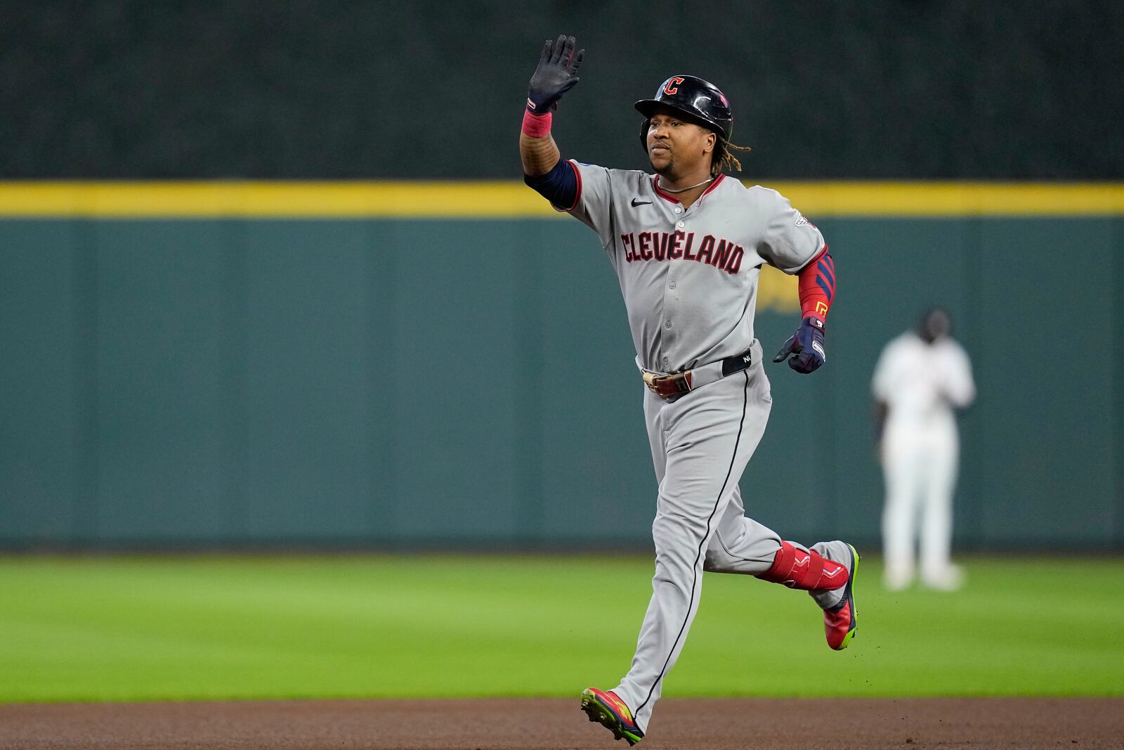 Cleveland Guardians' José Ramírez celebrates after hitting a two-run home run against the Houston Astros during the first inning of a baseball game Tuesday, July 8, 2025, in Houston. (AP Photo/David J. Phillip)