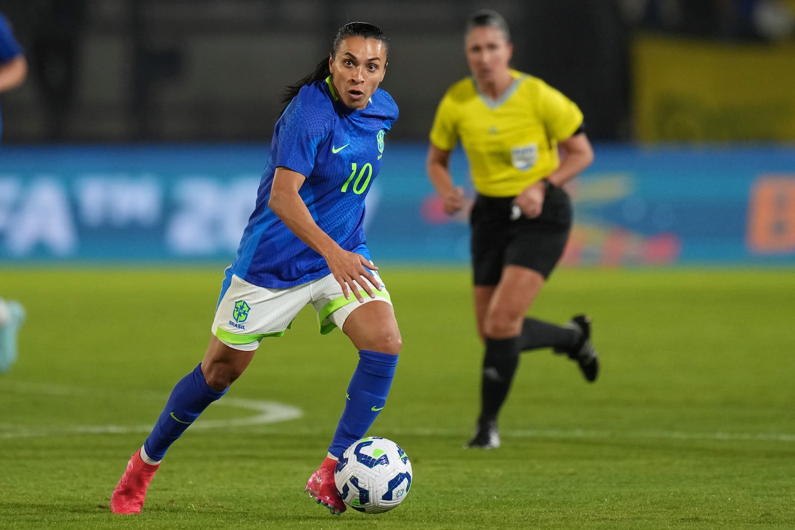 FILE - Brazil's Marta controls the ball during a women's friendly soccer match against Japan at Cicero de Souza Marques stadium in Braganca Paulista, Sao Paulo state, Brazil, Monday, June 2, 2025. (AP Photo/Andre Penner, File)