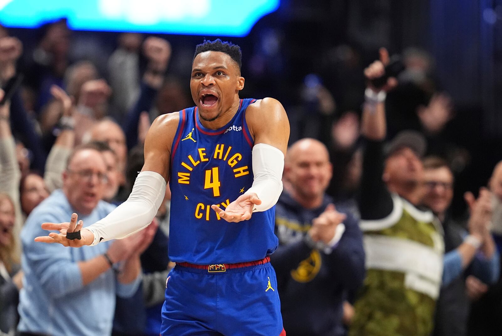 Denver Nuggets guard Russell Westbrook reacts after hitting a 3-point basket against the Los Angeles Clippers in Game 1 of an NBA first-round playoff series Saturday, April 19, 2025, in Denver. (AP Photo/David Zalubowski)