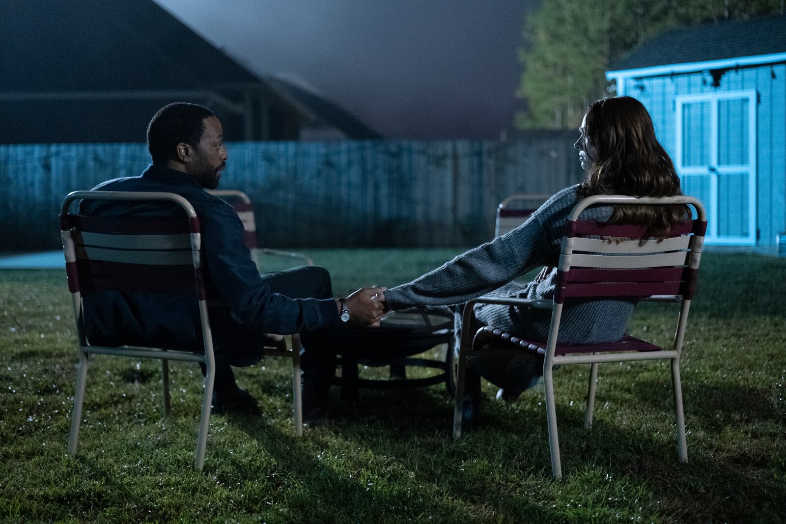 This image released by Neon shows Chiwetel Ejiofor, left, and Karen Gillan in a scene from "The Life of Chuck." (Neon via AP)