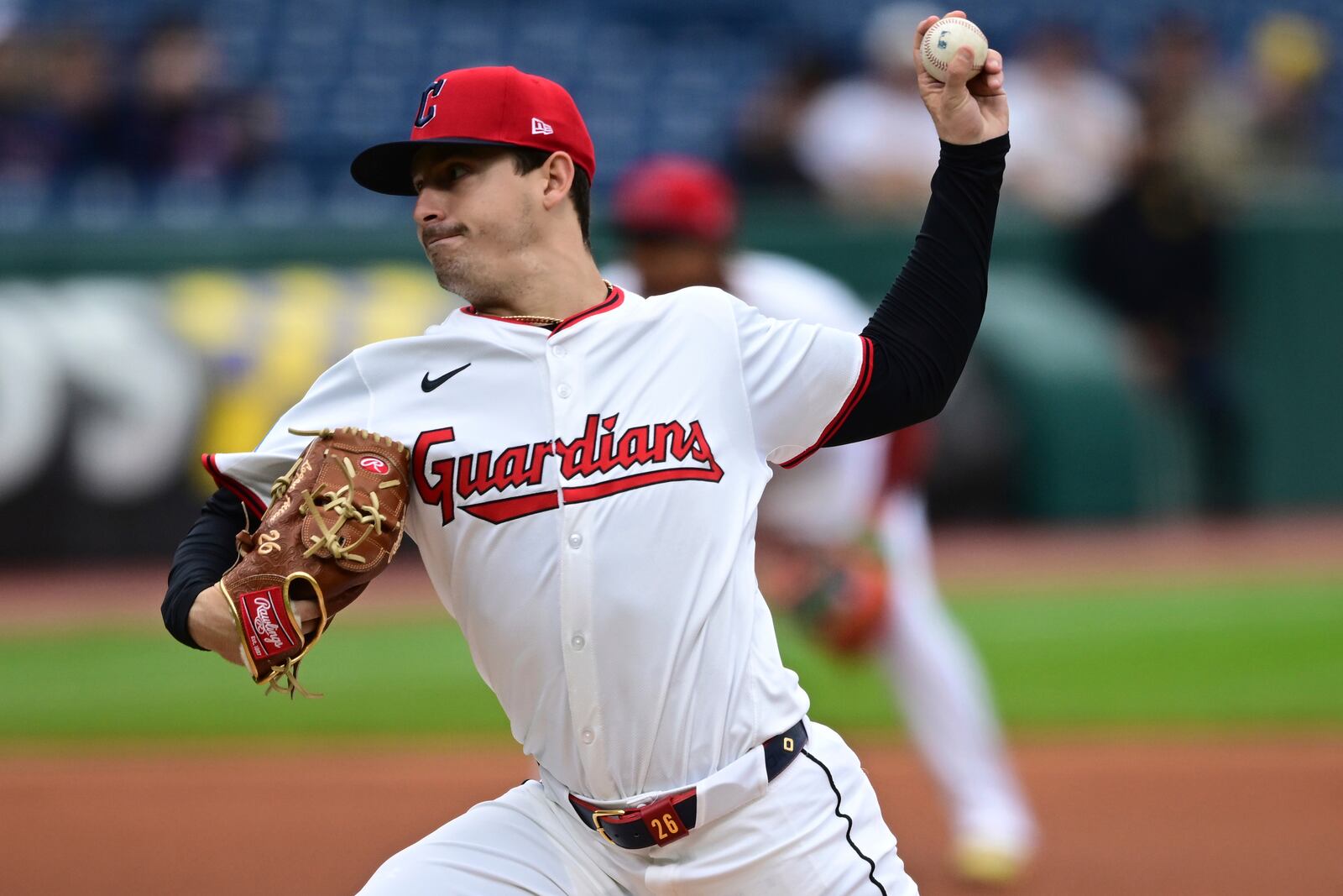 Cleveland Guardians pitcher Logan Allen delivers during the first inning of a baseball game against the Milwaukee Brewers, Tuesday May 13, 2025, in Cleveland. (AP Photo/David Dermer)