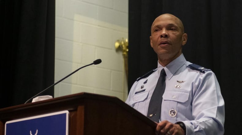 Col. Marqus Randall, National Space Intelligence Center commander, speaks during an interservice transfer ceremony Dec. 16, 2022, at the National Museum of the U.S. Air Force, Wright-Patterson Air Force Base. In the ceremony, 11 former Army Soldiers and 125 former Air Force civilian employees were sworn into the Space Force. (U.S. Air Force photo by R.J. Oriez)