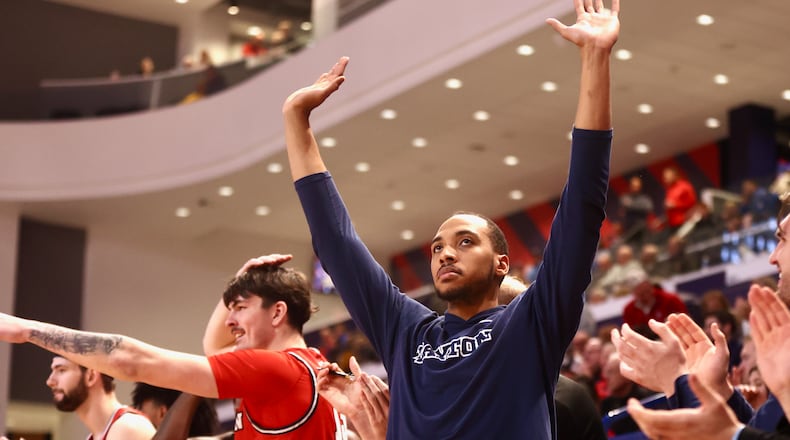 Dayton's Zed Key reacts to a basket in the second half against Duquesne on Tuesday, Jan. 21, 2025, at the UPMC Cooper Fieldhouse in Pittsburgh. David Jablonski/Staff