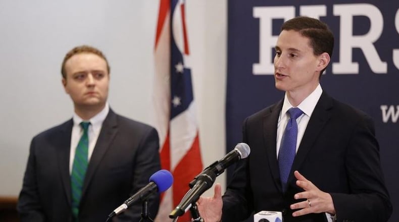 State Treasurer Josh Mandel speaks at a press conference on Monday, May 8, 2017 about his pledge to support term limits on the House and Senate if he is elected to the U.S. Senate. He was joined by Nick Tomboulides, executive director of U.S. Term Limits, an organization that advocates for term limits at all levels of government.
