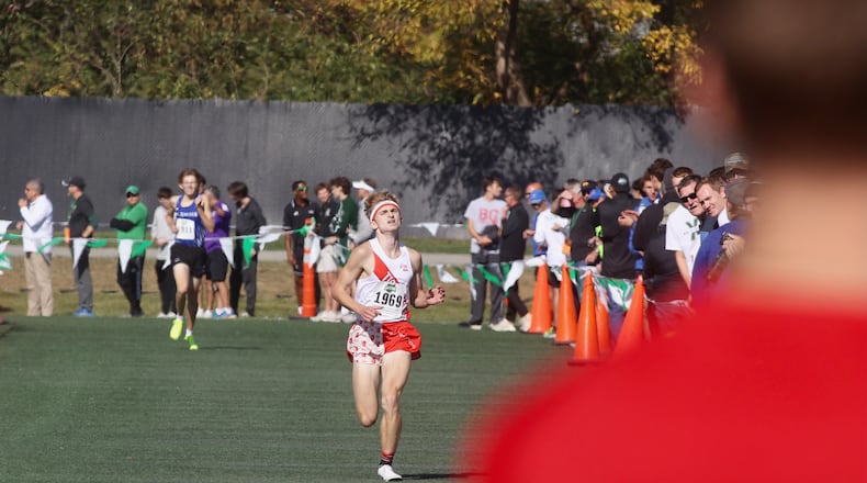 Landon Kimmel, of Tippecanoe, races to victory in the Division I state cross country meet on Saturday, Nov. 2, 2024, at Fortress Obetz in Obetz. David Jablonski/Staff