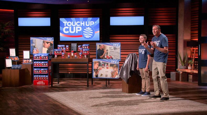 Carson Grill, 15, a freshman at Fenwick High School, and his father, Jason, entered the Tank to pitch Carson’s paint saving invention, The Touch Up Cup. SUBMITTED PHOTO