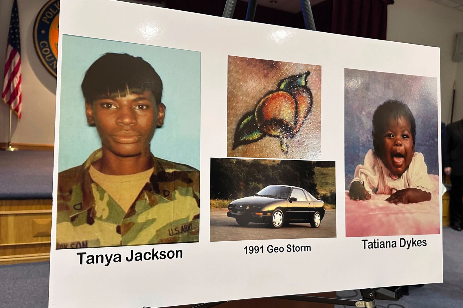 Nassau County police and prosecutors display photos of Tanya Jackson and Tatiana Dykes, whose remains were found near Long Island's Gilgo Beach, during a news conference, Wednesday, April 23, 2025, in Mineola, N.Y. (AP Photo/Philip Marcelo)