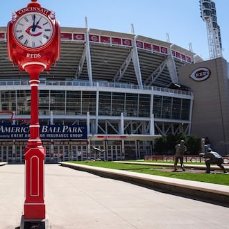 A clock donated by former Cincinnati Reds player Joey Votto is seen outside of the stadium just ahead of Opening Day 2026. CONTRIBUTED