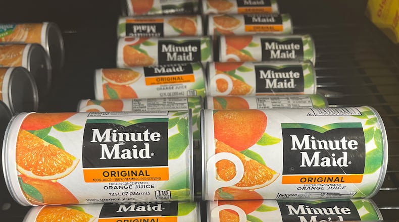 Minute Maid frozen concentrate orange juice is on display at a grocery store in White Plains, N.Y. on Wednesday, Feb. 4, 2026. (AP Photo/Donald King)