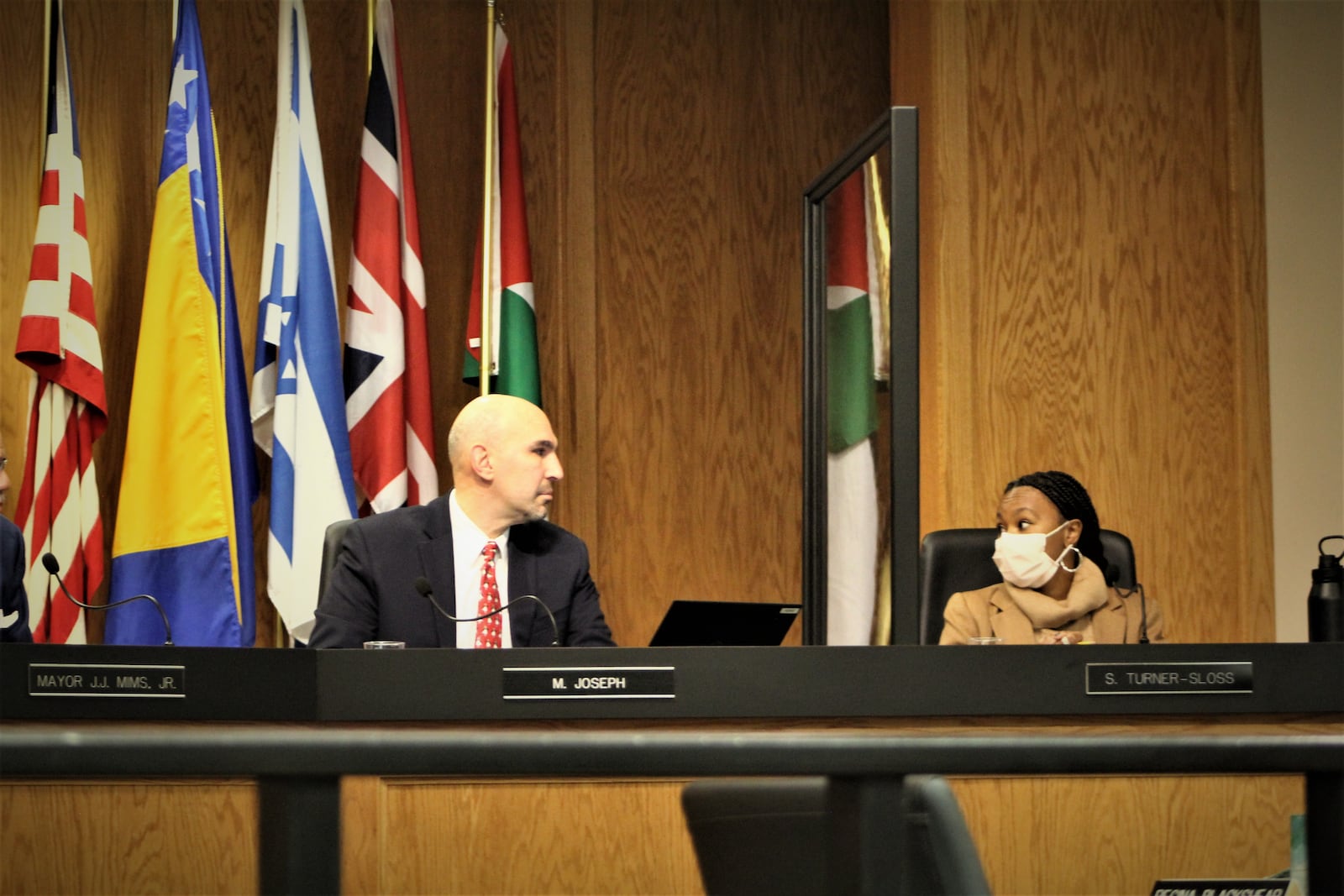 Dayton City Commissioners Shenise Turner-Sloss and Matt Joseph during a public hearing about the 2023 budget on Wednesday, Jan. 25, 2023. CORNELIUS FROLIK / STAFF