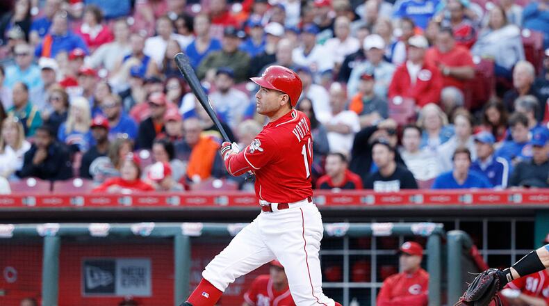 CINCINNATI, OH - OCTOBER 01: Joey Votto #19 of the Cincinnati Reds doubles to right field to drive in a run in the seventh inning against the Chicago Cubs at Great American Ball Park on October 1, 2016 in Cincinnati, Ohio. The Reds defeated the Cubs 7-4. (Photo by Joe Robbins/Getty Images)