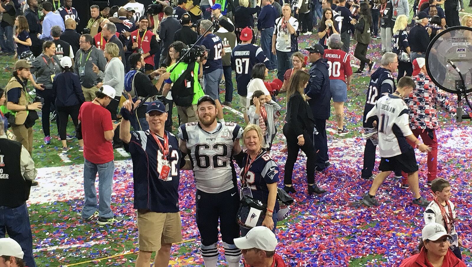 Mike and Beth Thuney celebrate New England’s victory in Super Bowl LI with their son, Patriots starting left guard Joe Thuney, last year in Houston. SUBMITTED PHOTO