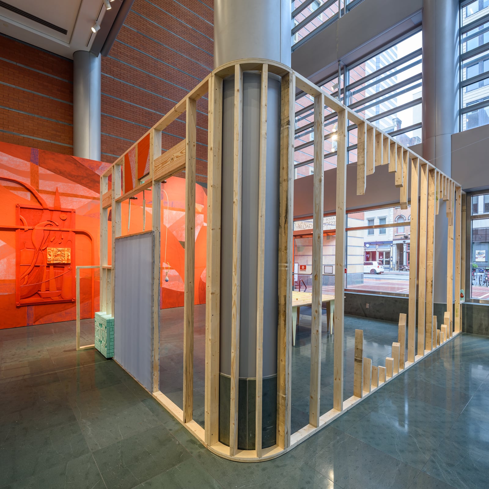 Hannah Parrett, 'An Inside Moving Outside', 2025, Foam, oil on canvas, acrylic on fabric, theatre drop, found furniture parts, 123x240x156.5 in. Part of an installation on view at The Weston Art Gallery in Cincinnati. CONTRIBUTED