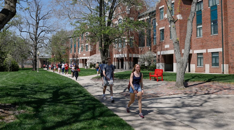 Students walk to class on the afternoon of Wednesday, April 23, 2025, at Wittenberg University. JOSEPH COOKE/STAFF