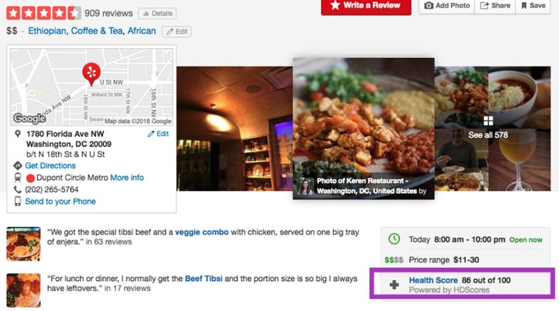 Yelp now displays health scores for restaurants throughout California. The number can be found in the right corner of the restaurant’s page under price range. (Yelp)