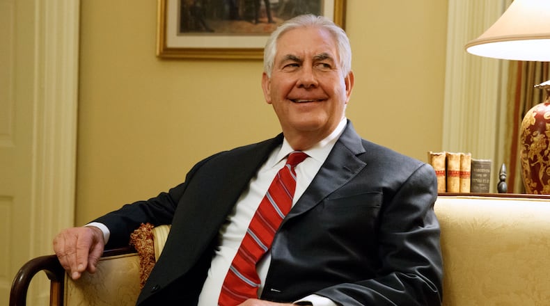 FILE - In this Jan. 4, 2017, file photo, Secretary of State-designate Rex Tillerson pauses during a meeting with Senate Majority Leader Mitch McConnell of Ky. on Capitol Hill in Washington. Friend of Russia and foe of sanctions in his corporate life, President-elect Donald Trump’s nominee for secretary of state, Tillerson, is an unorthodox choice for a Republican White House. He may feel perfectly at home in Trump’s iconoclastic administration. (AP Photo/Evan Vucci)
