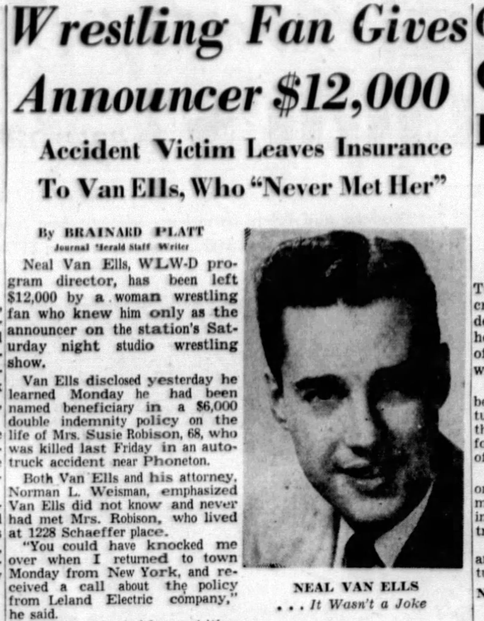 Original Studio Wrestling announcer Neal Van Ells. DAYTON DAILY NEWS ARCHIVES
