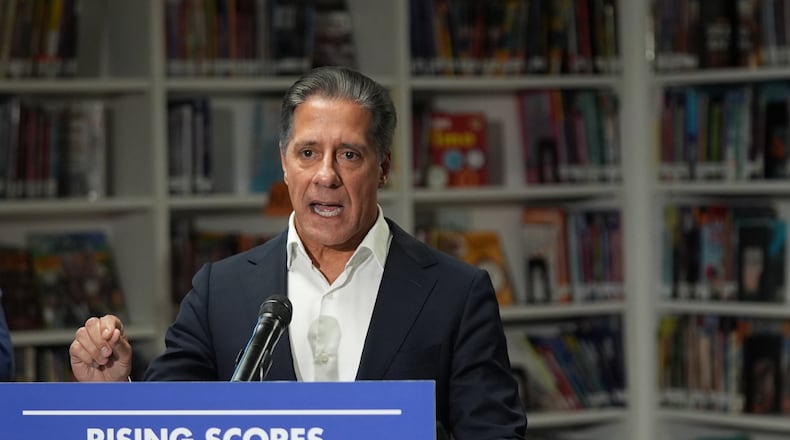 FILE - Alberto Carvalho, Superintendent of Los Angeles Unified School District speaks about students' improved rising scores before Gov. Gavin Newsom signed legislation related to student literacy in Los Angeles on Thursday, Oct. 9, 2025. (AP Photo/Damian Dovarganes, File)