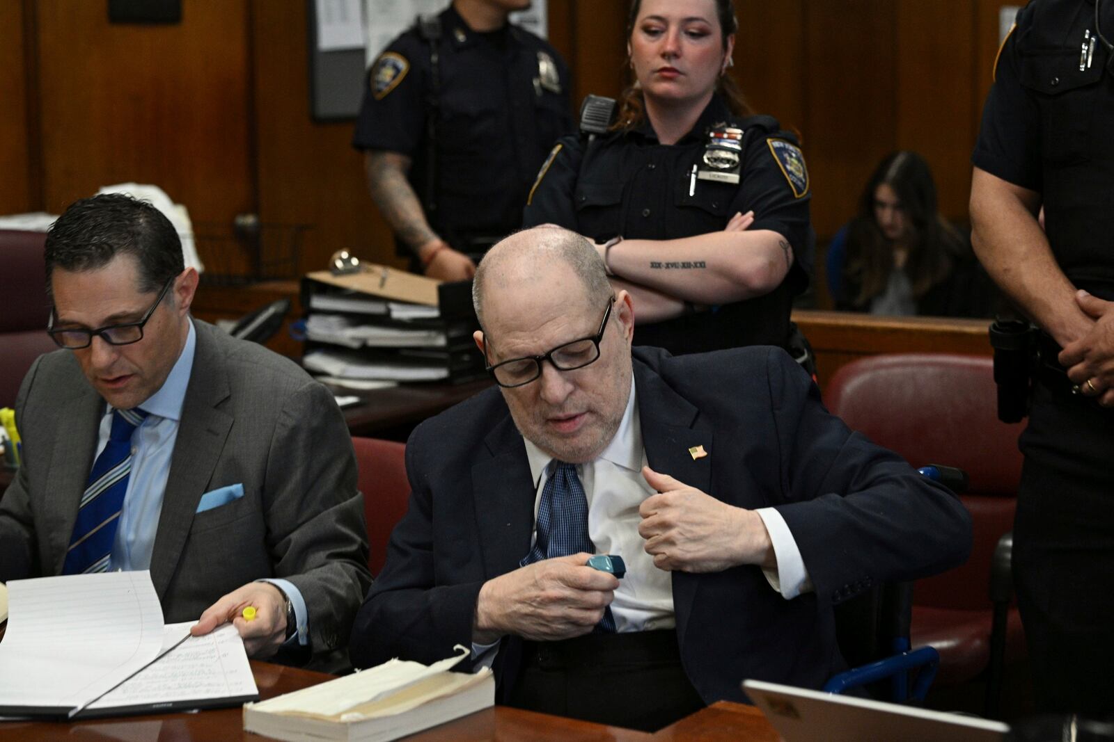 Harvey Weinstein appears in Manhattan Supreme Court on the second day of jury selection in the rape trial against him, in New York, Wednesday, April 16, 2025. (Curtis Means/Pool Photo via AP)