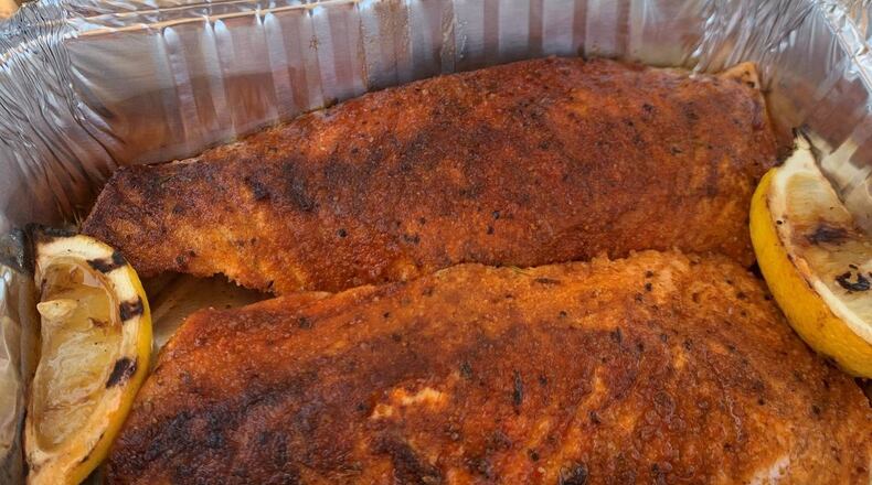 Blackened salmon and mushroom risotto from Bernstein’s catering were the centerpiece menu items for a special 46th wedding anniversary luncheon for Jim and Donna Larsen. ALEXIS LARSEN/CONTRIBUTED