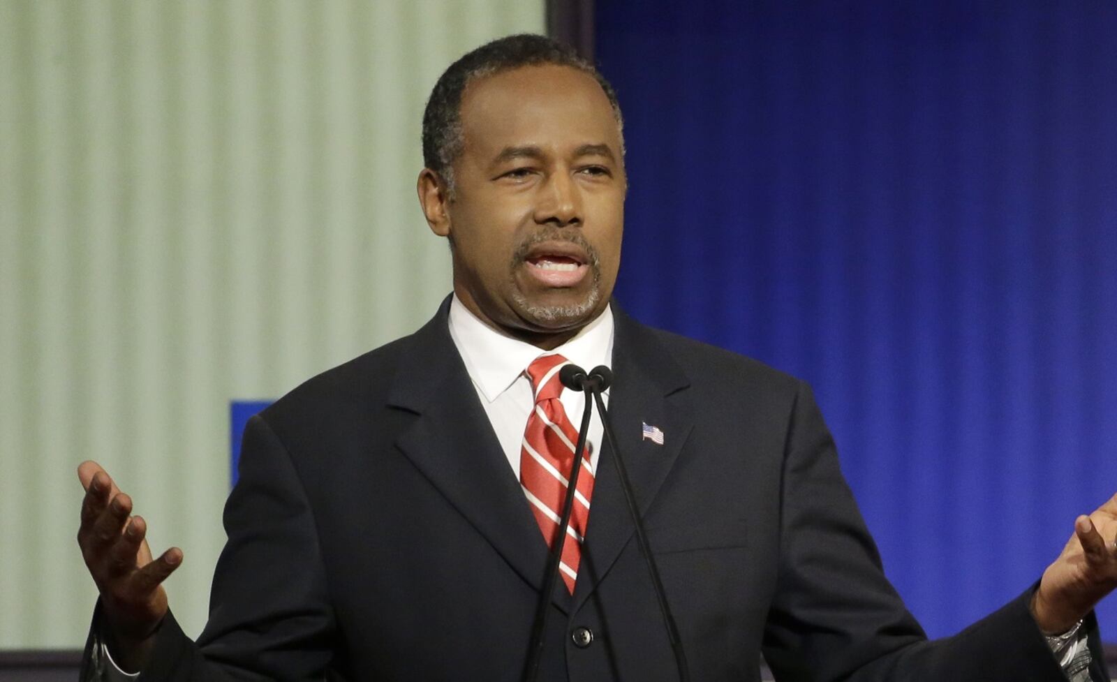 Ben Carson makes a point during a Republican presidential primary debate, Thursday, Jan. 28, 2016, in Des Moines, Iowa. (AP Photo/Chris Carlson)