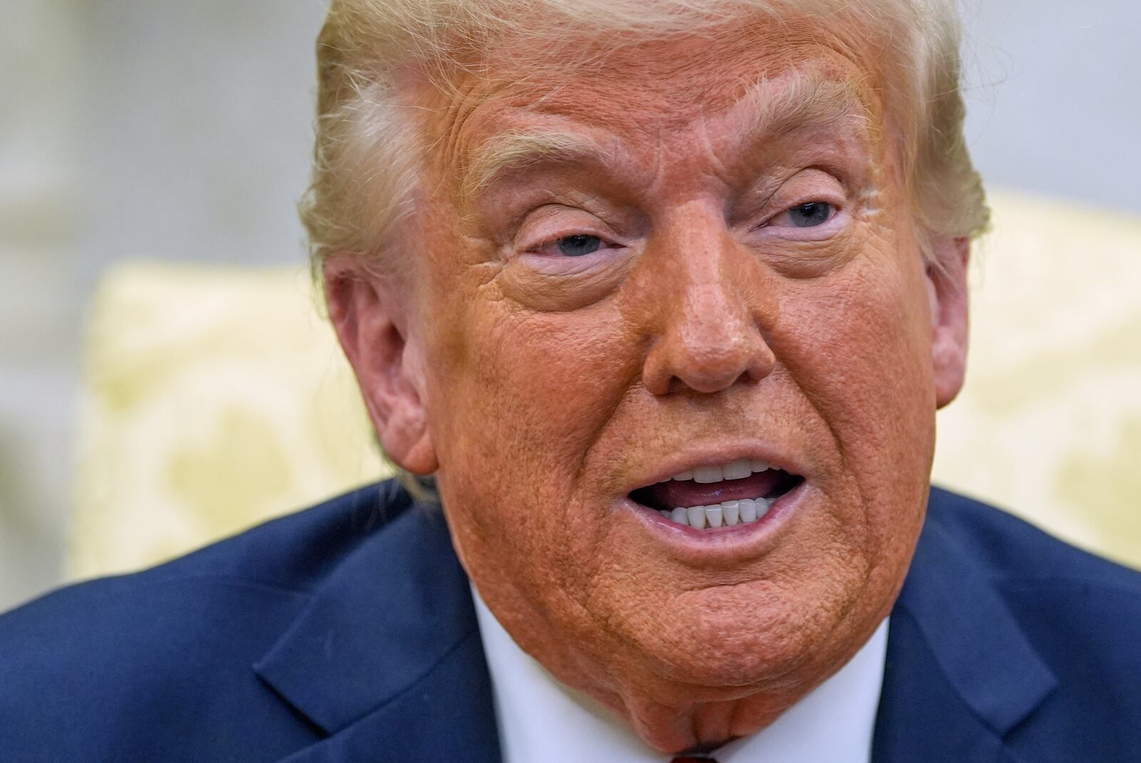 President Donald Trump speaks as he meets with Italy's Prime Minister Giorgia Meloni in the Oval Office of the White House, Thursday, April 17, 2025, in Washington. (AP Photo/Alex Brandon)