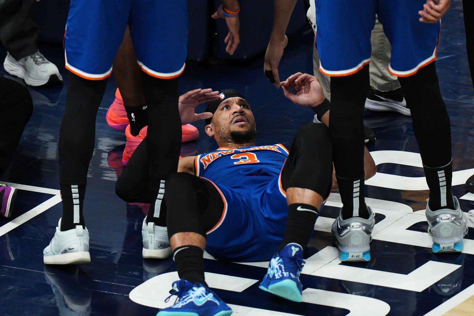 New York Knicks guard Josh Hart (3) reacts after being fouled by Indiana Pacers forward Obi Toppin during the second half of Game 6 of the Eastern Conference finals of the NBA basketball playoffs in Indianapolis, Saturday, May 31, 2025. (AP Photo/Michael Conroy)