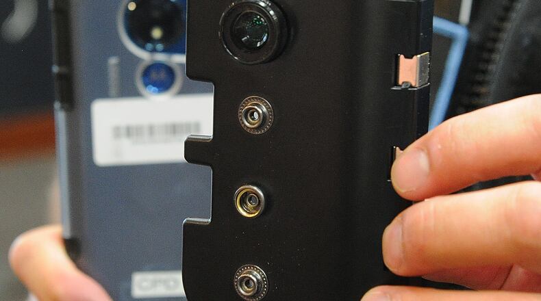 These are the new body worn cameras Clayton Police have started wearing. This week, Franklin City Council approved the purchase of body cameras for their police officers. Franklin joins Lebanon and the Ohio State Highway Patrol as the only Warren County law enforcement agencies to use body cameras. MARSHALL GORBY\STAFF