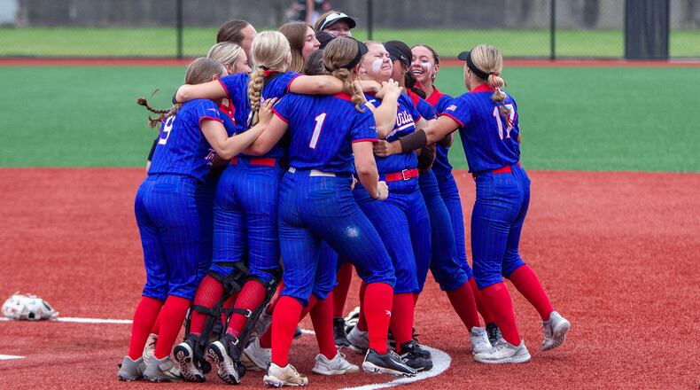 Tri-Village celebrates its Division VI softball state championship and a 30-0 season Sunday at Firestone Stadium in Akron. Jeff Gilbert/CONTRIBUTED