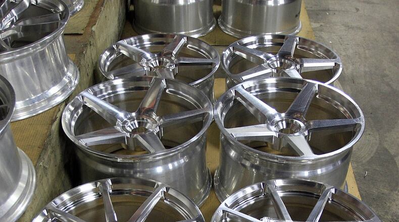 Sets of wheels await polishing and in some cases powder coating at Forgeline. Note the work order: Each set of wheels is built after the order is processed, not in advance. © 2017 Photograph by Skip Peterson