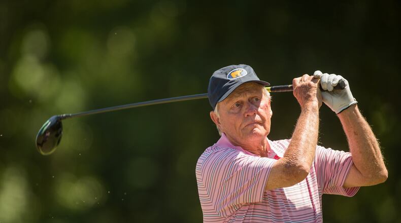 Ohio's Jack Nicklaus plays his tee shot at the tenth hole during the 3M Greats of Golf exhibition, played during the second round of the PGA TOUR Champions Insperity Invitational at The Woodlands Country Club on May 6 in The Woodlands, Texas.