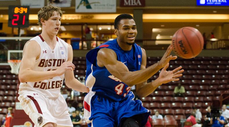 Dayton’s Vee Sanford makes a pass during a game against Boston College at the Charleston Classic in 2012.