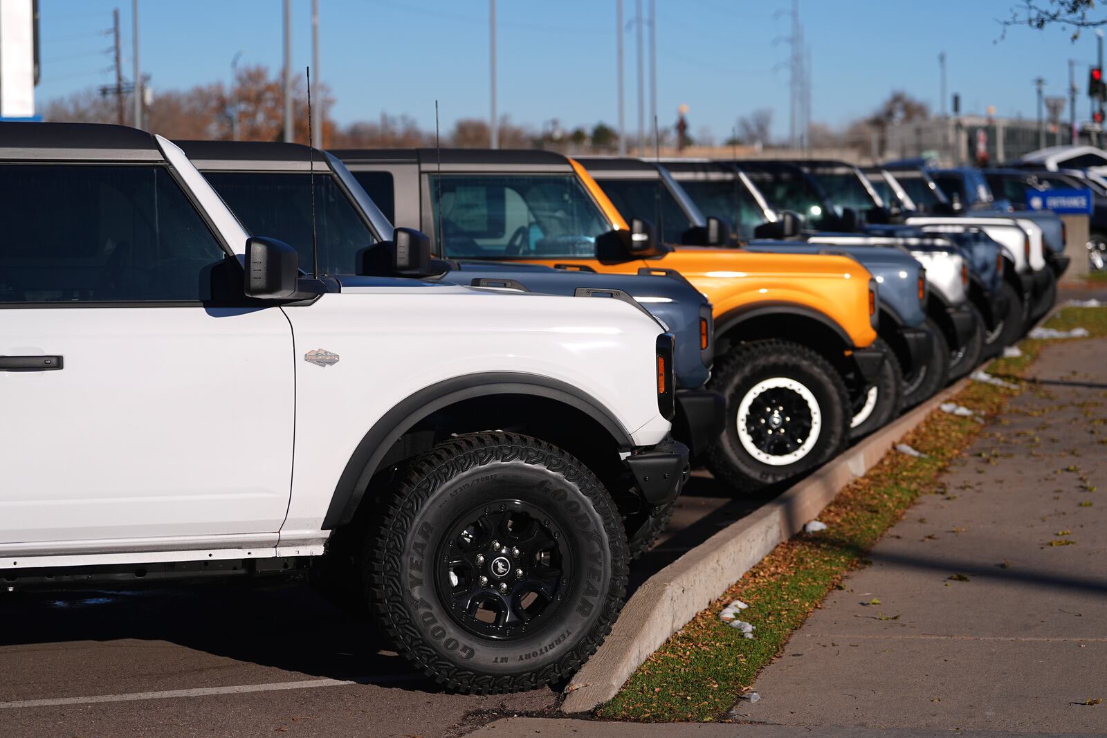 FILE - A long line of unsold 2024 Bronco utility vehicles sit on display at Ford dealership in Denver, Nov. 28, 2024. (AP Photo/David Zalubowski, File)